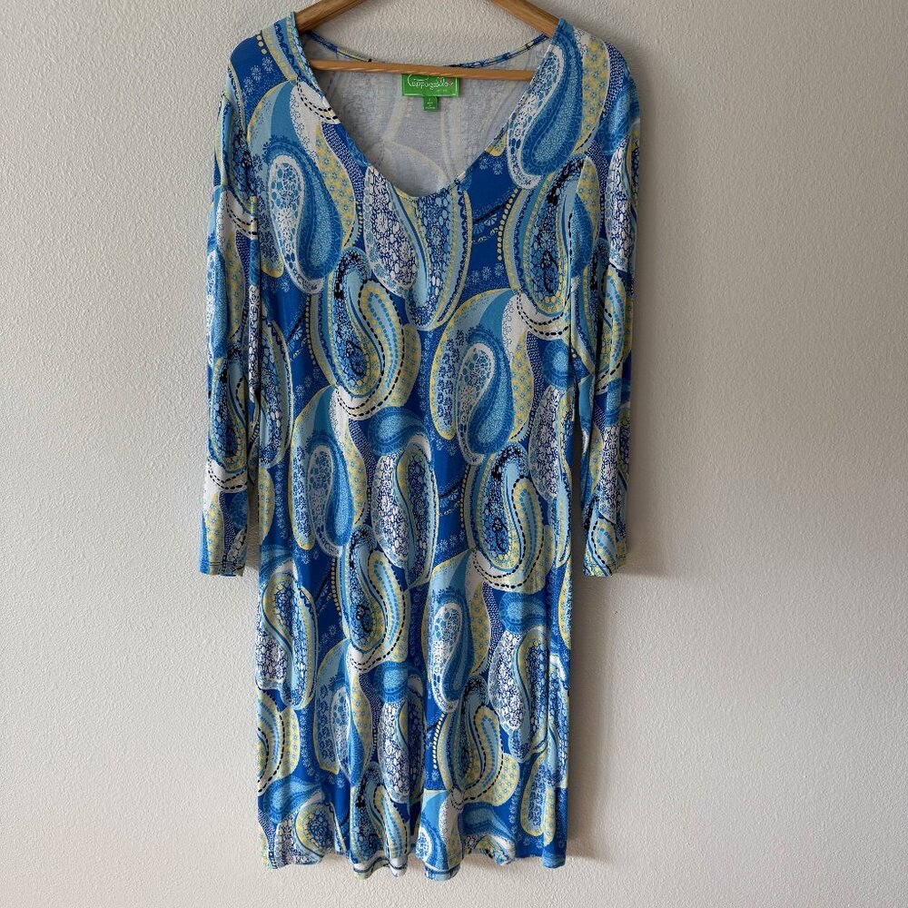 Pappagallo Blue‎ Paisley Jersey Stretch 3/4 Sleeve Dress Size L
